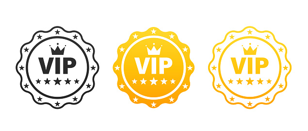 Set VIP badges in gold, silver and bronze color. Round label with three vip level. 1st, 2nd and 3rd ranking icon set. Vector illustration