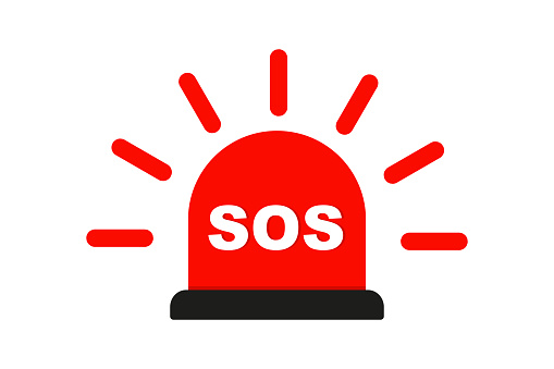 Red flasher siren with text SOS vector icon. Alert flashing light in a flat style. Simple helpline emergency sos sign. Vector illustration