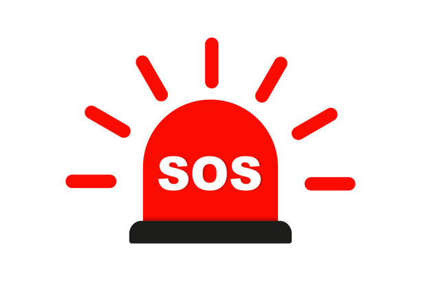 Red flasher siren with text SOS vector icon. Alert flashing light in a flat style. Simple helpline emergency sos sign. Vector illustration Red flasher siren with text SOS vector icon. Alert flashing light in a flat style. Simple helpline emergency sos sign. Vector illustration sos stock illustrations