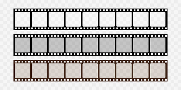 Collection of blank cinema film strip frames. Grunge film strips collection. Empty retro filmstrip design elements. Photography and cinematography. Film strip isolated on transparent background