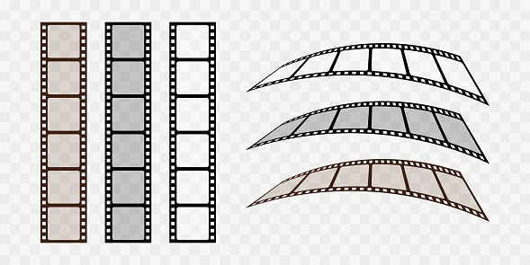 Collection of blank cinema film strip frames. Grunge film strips collection. Empty retro filmstrip design elements. Photography and cinematography. Curved film strip isolated on transparent background