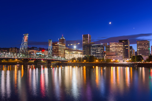 Portland, Oregon, USA skyline at night on the Willamette River.