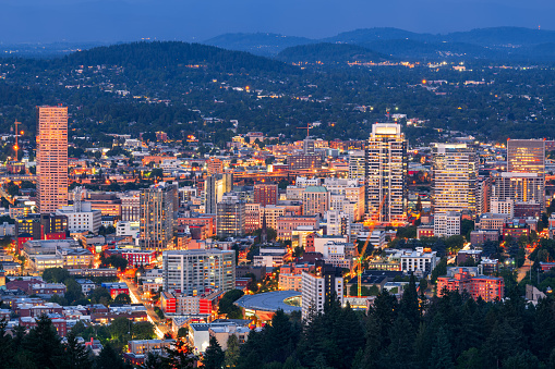 Portland, Oregon, USA downtown cityscape at twilight.