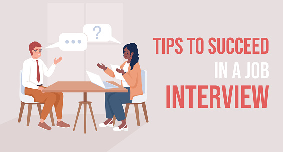 Tips to succeed in job interview flat vector banner template. Communication with HR recruiter poster, leaflet printable color designs. Editable flyer page with text space. Bebas Neue font used