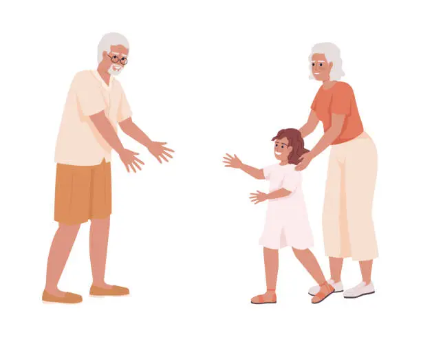 Vector illustration of Granny introducing granddaughter to grandpa semi flat color vector characters