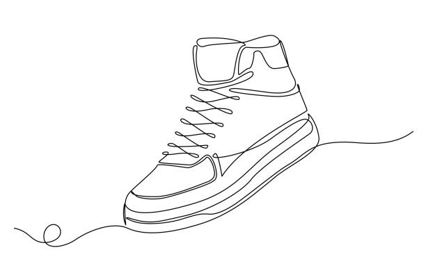 continuous single line drawing of high-top sneaker continuous single line drawing of high-top sneaker, line art vector illustration high tops stock illustrations