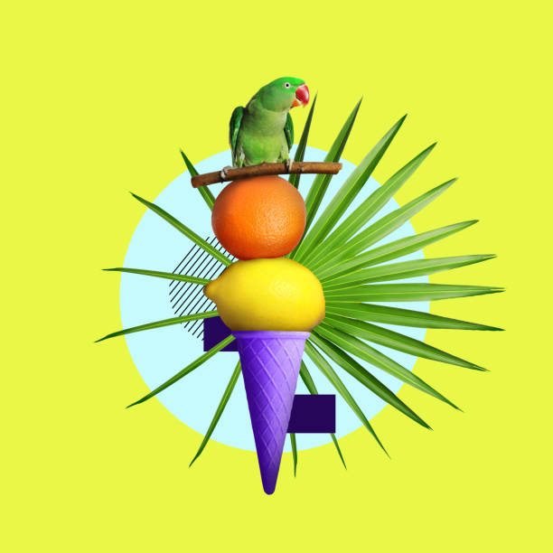 istock Ice cream cone with lemon, orange and parrot on colorful background. Summer concept. Bright creative design 1468539959