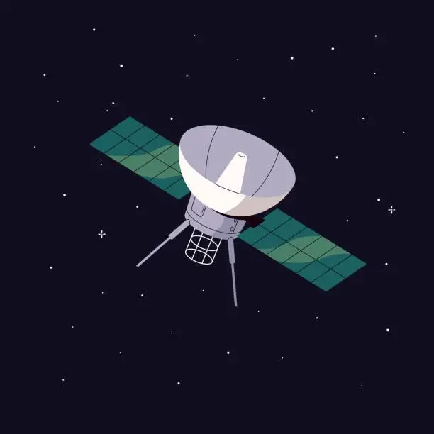 Vector illustration of Artificial satellite flight in outer space, cosmos, among stars. NASA technology with telecommunication dish, radars, solar panels for broadcasting, transmitting signal. Flat vector illustration