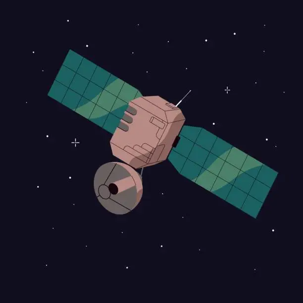 Vector illustration of Artificial satellite on orbit in outer space, cosmos. Cosmic technology with antenna, radars, dishes, panels for broadcasting, telecommunication, transmitting radio signal. Flat vector illustration