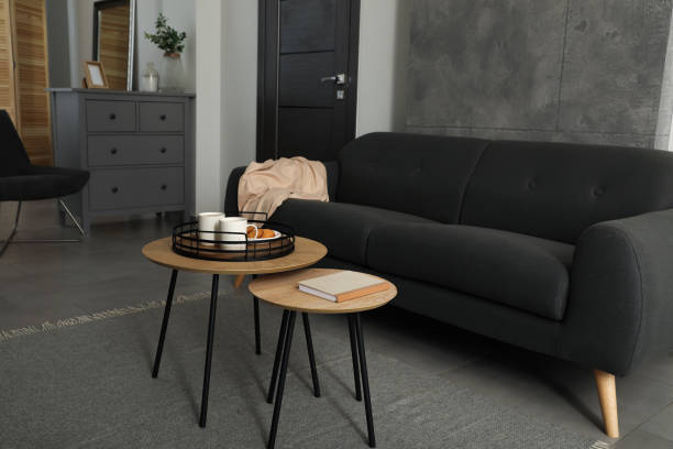 istock Stylish living room interior with comfortable grey sofa 1468543146