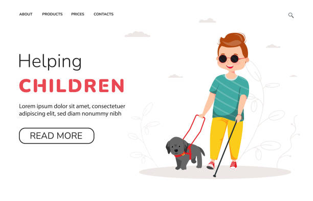 Helping Children Landing Page Template. Vision Disability, Eyes Disease, Blind boy with cane and sunglasses. Cute Handicapped Child with a guide dog walking Helping Children Landing Page Template. Vision Disability, Eyes Disease, Blind boy with cane and sunglasses. Cute Handicapped Child with a guide dog walking. Cartoon Vector help blind people stock illustrations