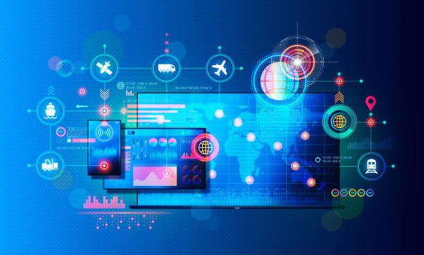 logistik- und supply chain management softwarelösungen - telematik - konzeptionelle darstellung - leitende position stock-grafiken, -clipart, -cartoons und -symbole