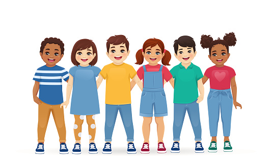 Multiethnic friends. Different kids boys and girls standing hugging together isolated vector illustration