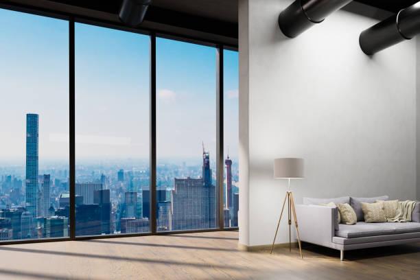 istock large urban skyline loft office with white wall and canvas mock up; copy spacepanoramic window skyline view, 3D Illustration 1468552058