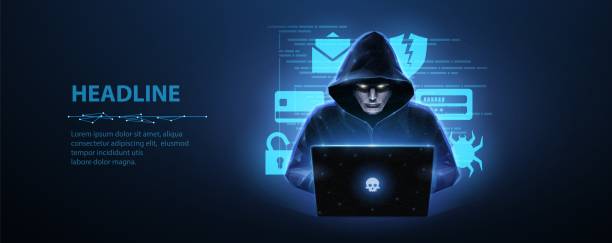 ハッカー。ラップトップとその背後に関連するアイコンを持つサイバー犯罪者。サイバー犯罪、ハッカー活動、ddos攻撃、デジタルシステムセキュリティ、詐欺金 - threats点のイラスト素材／クリップアート素材／マンガ素材／アイコン素材