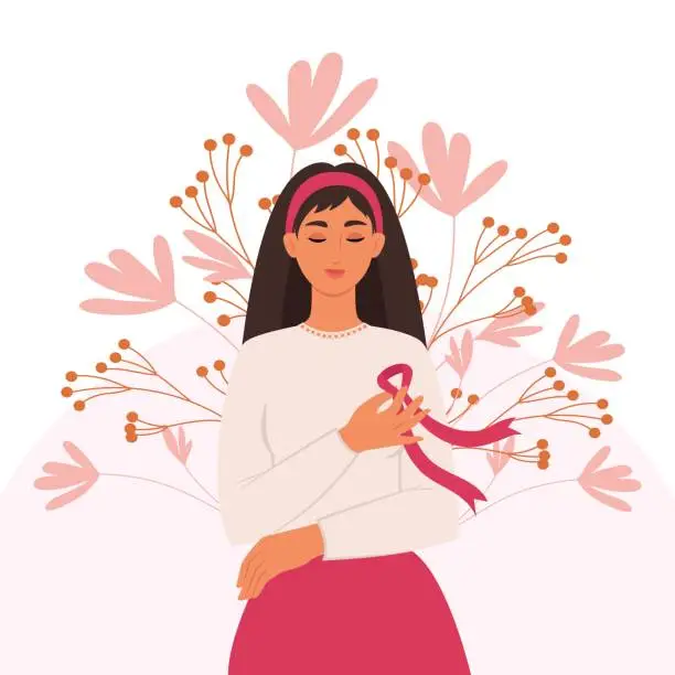 Vector illustration of A woman with a pink ribbon on her chest is a symbol of the fight against breast cancer. Cancer prevention concept. Flat vector illustration