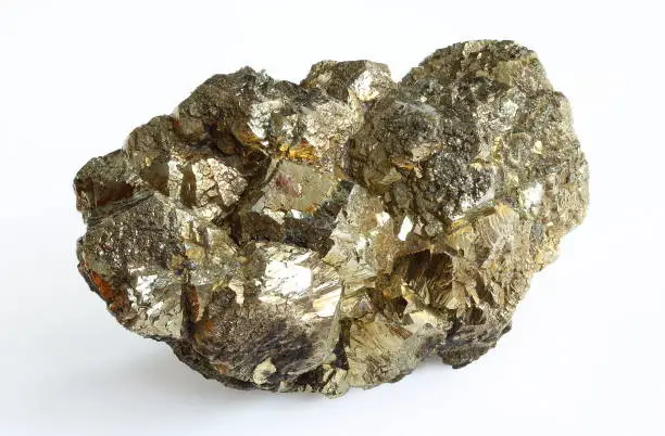 Pyrite mineral crystals on white background. Coal pyrite(FeS2)
