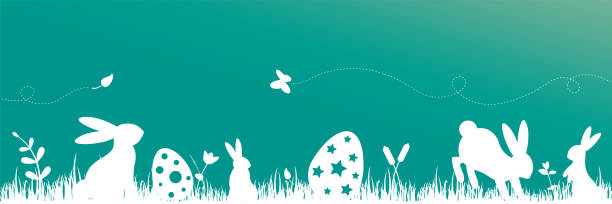illustrations, cliparts, dessins animés et icônes de fond printanier vert avec lapins de pâques - avril