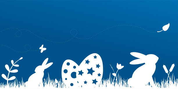 niebieskie wiosenne tło z zajączkami wielkanocnymi - floral pattern butterfly easter easter egg stock illustrations