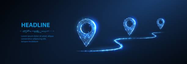 istock Pins. Abstract three pin icons with line isolated on blue. Transportation delivery, map location, transport logistic, tourism navigate, concept. 1468557917