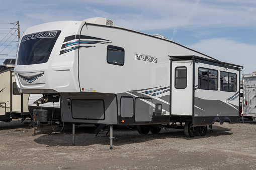 Indianapolis - Circa February 2023: Impression Fifth Wheel Travel Trailer by Forest River RV. Forest River RV is a subsidiary of Berkshire Hathaway.