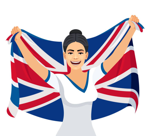 ilustraciones, imágenes clip art, dibujos animados e iconos de stock de mujer con bandera británica. - fan england british culture english culture