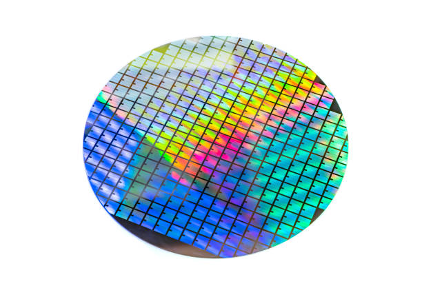 istock Silicon wafer with chips isolated on white background 1468560172