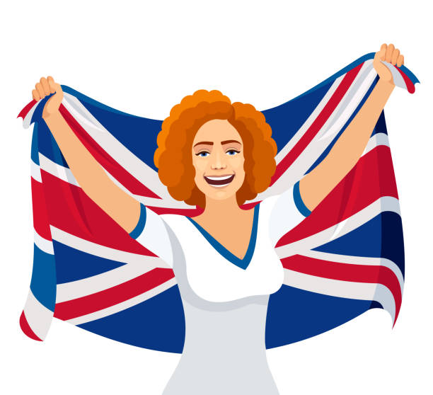 ilustraciones, imágenes clip art, dibujos animados e iconos de stock de atractiva mujer pelirroja con bandera británica. - fan england british culture english culture