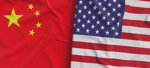 Flags of China and USA. Linen flags close-up. Flag made of canvas. Chinese flag. Beijing. United States. State national symbols. 3d illustration.