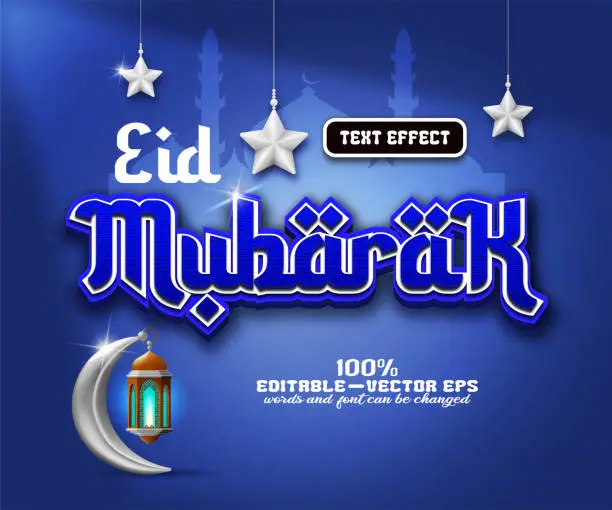 Vector illustration of Editable eid mubarak text effect. Textured blue alphabet 3d style. vector illustration