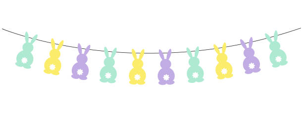 illustrations, cliparts, dessins animés et icônes de guirlande de pâques, mignon lapin décor vectoriel panoramique, décoration printanière - rabbit easter flower frame