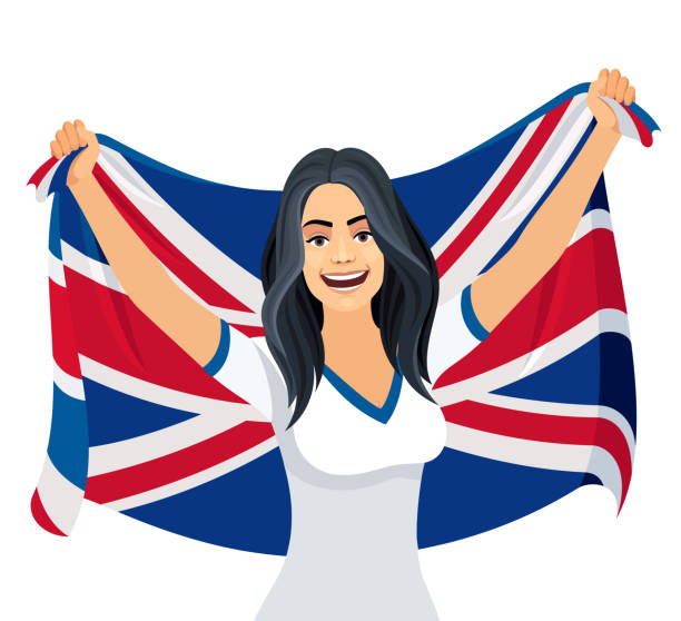 ilustraciones, imágenes clip art, dibujos animados e iconos de stock de mujer atractiva con bandera británica. - fan england british culture english culture