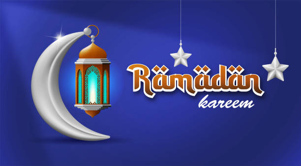 ラマダングリーティングカード。月、ランタン、星で飾られたイスラムのお祝いのバナー。青の背景に分離型。ベクターイラスト - symbol star shape computer icon silver点のイラスト素材／クリップアート素材／マンガ素材／アイコン素材