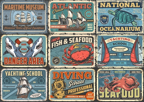 Sea tourism vintage colorful set flyers for seafood restaurant with fresh fish or sailing school vector illustration