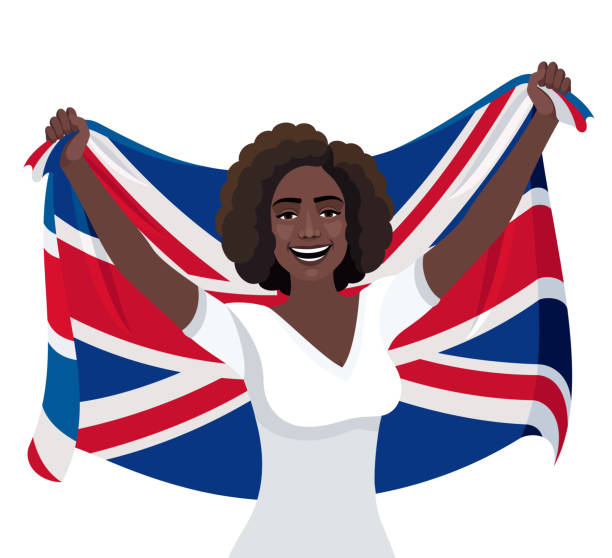 junge und attraktive schwarze frau feiert mit britischer flagge. - fan england british culture english culture stock-grafiken, -clipart, -cartoons und -symbole