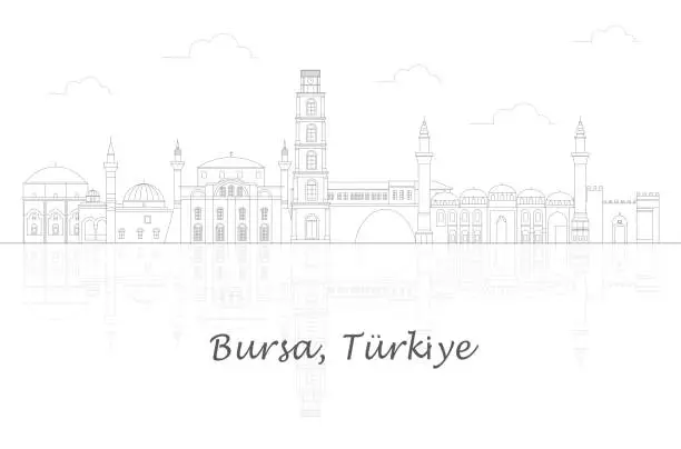 Vector illustration of Outline Skyline panorama of city of Bursa, Turkiye