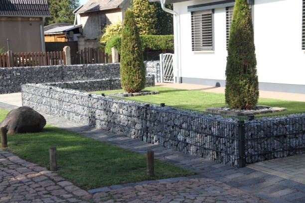 돌과 식물이있는 현대적인 앞마당 - gabion wall 뉴스 사진 이미지