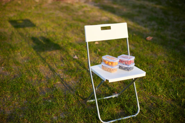 Four Tupperware filled with tomatoes, oranges and granola on a white folding chair on super low