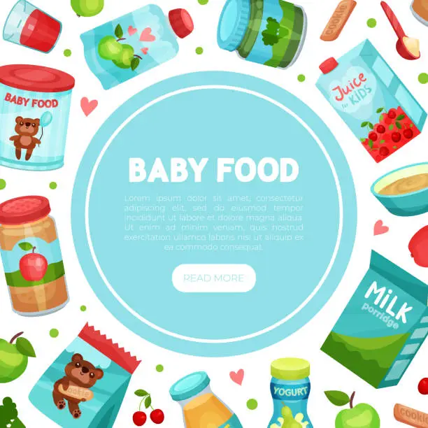 Vector illustration of Baby food landing page template. Organic meal for babies. Juice, puree, milk, porridge, biscuits cartoon vector