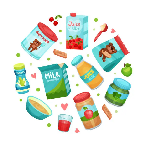 Vector illustration of Baby food in round shape. Organic healthy meal for babies for backdrop, packaging, banner desgn vector