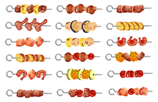 Meat and Vegetables Slabs Skewered on Metal Spits Big Vector Set Meat and Vegetables Slabs Skewered on Metal Spits Big Vector Set. Appetizing Barbecue Meal shish kebab stock illustrations