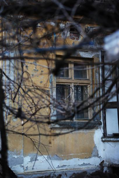 istock An old yellow house with a brown wooden window visible through the branches 1468576171
