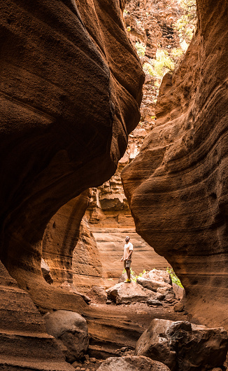 Healthy traveler man looking up in the canyon of Barranco de las Vacas in Gran Canaria, canary islands