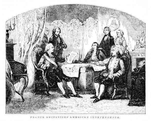 American Independence Recognized by France, 18th Century World History France recognizes American Independence. Wood Block Engravings published in 1846. Original edition is from a history book in my own archives. Copyright has expired and is in Public Domain. us constitution stock illustrations