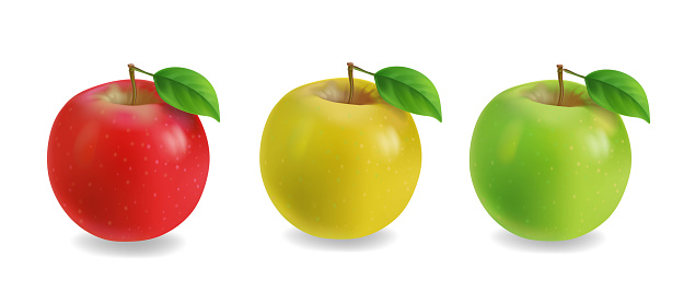 Red, yellow and green apples realistic set isolated on white background vector illustration