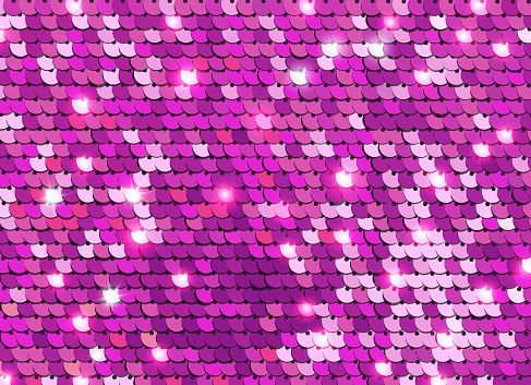 Glittering pink sequined fabric texture. Sequined purple shining scales. Glamor Background vector
