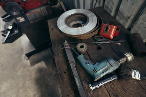 Repairing mechanic tool equipment on the table in the industry background