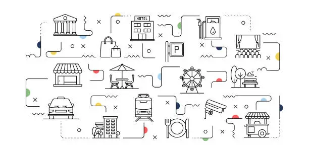 Vector illustration of City Elements Related Vector Banner Design Concept, Modern Line Style with Icons