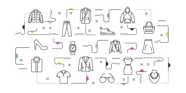Vector illustration of Clothes and Accessories Related Vector Banner Design Concept, Modern Line Style with Icons