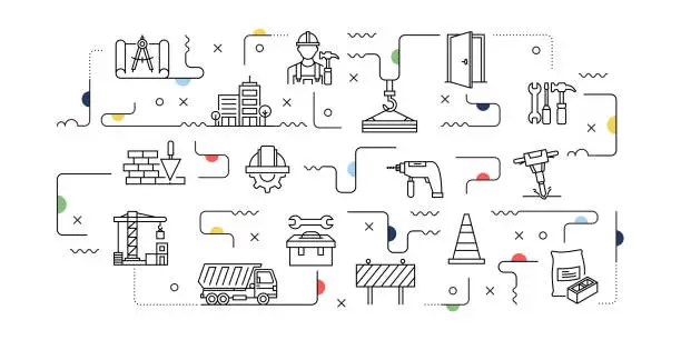 Vector illustration of Construction and Buildings Related Vector Banner Design Concept, Modern Line Style with Icons